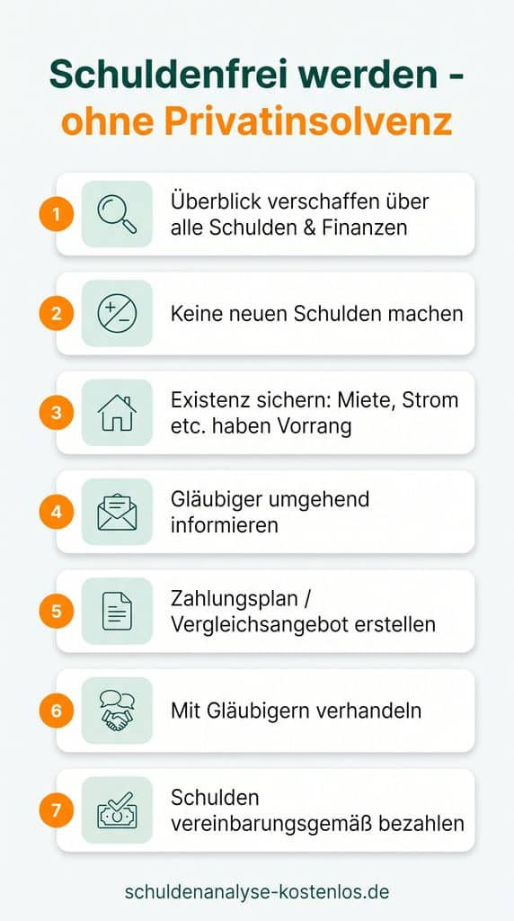 Unsere Infografik fasst noch einmal zusammen, wie Sie schuldenfrei werden - ganz ohne Privatinsolvenz.