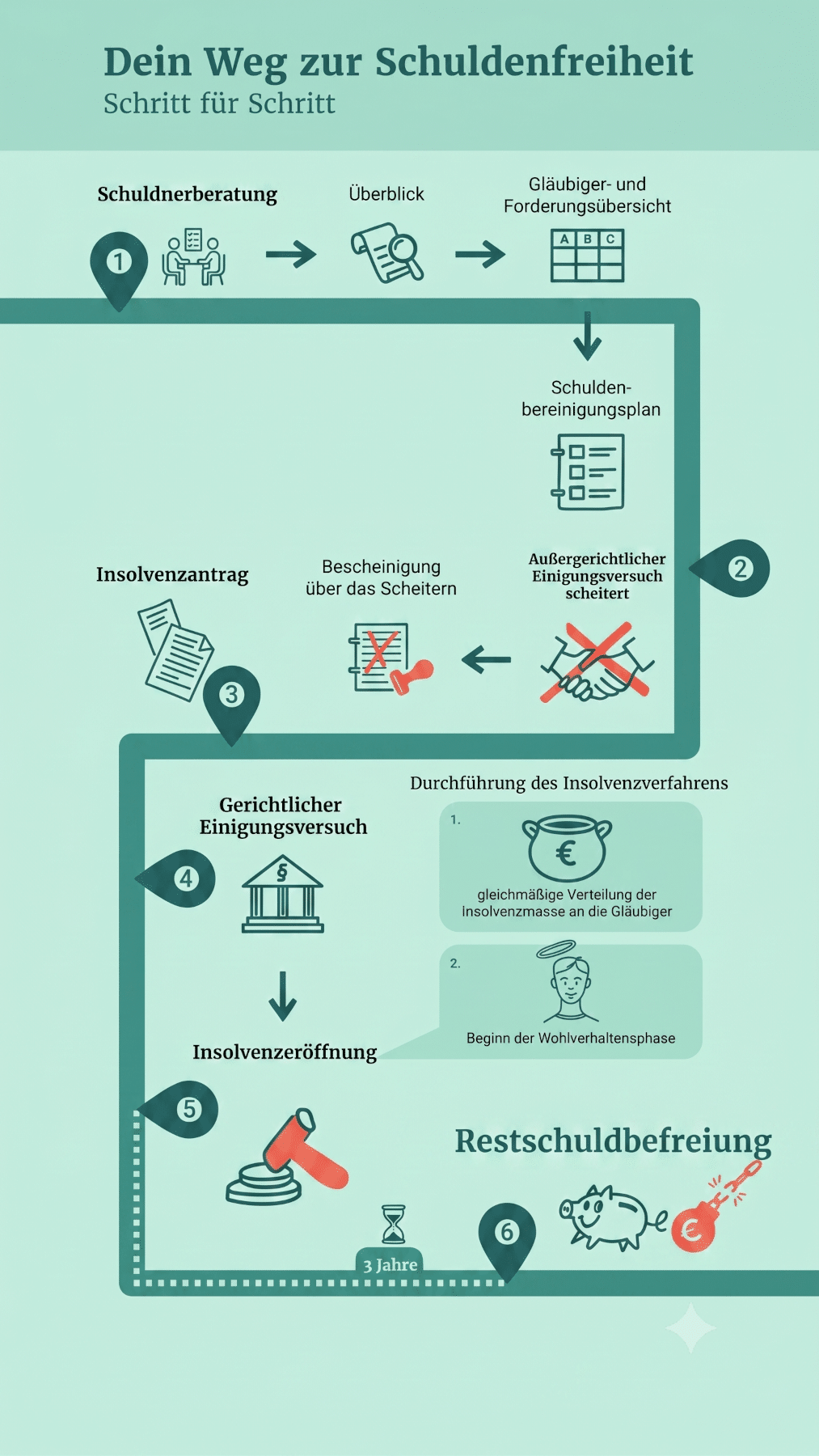 Diese Infografik zur Privatinsolvenz zeigt den Ablauf des Verfahrens.