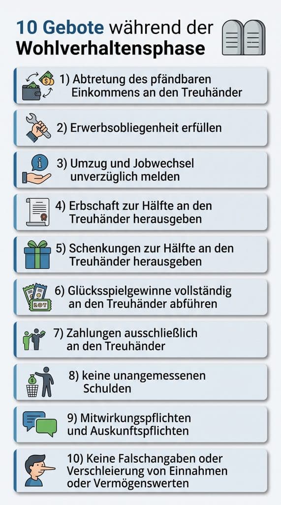 Diese Infografik listet die wichtigsten Obliegenheiten während der Wohlverhaltensperiode auf.