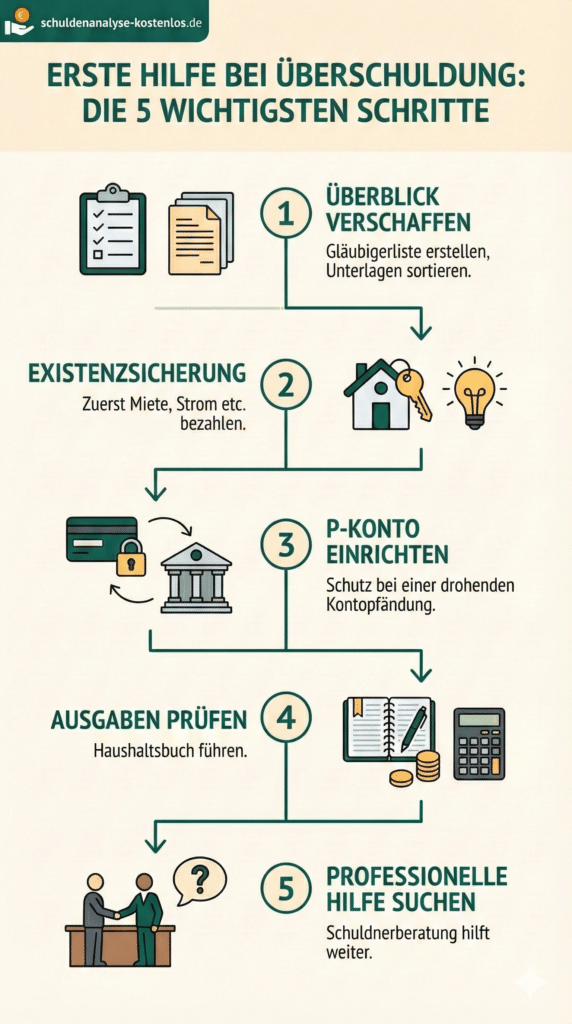 Unsere Infografik zeigt, was Sie bei einer Überschuldung als Betroffener unternehmen sollten.