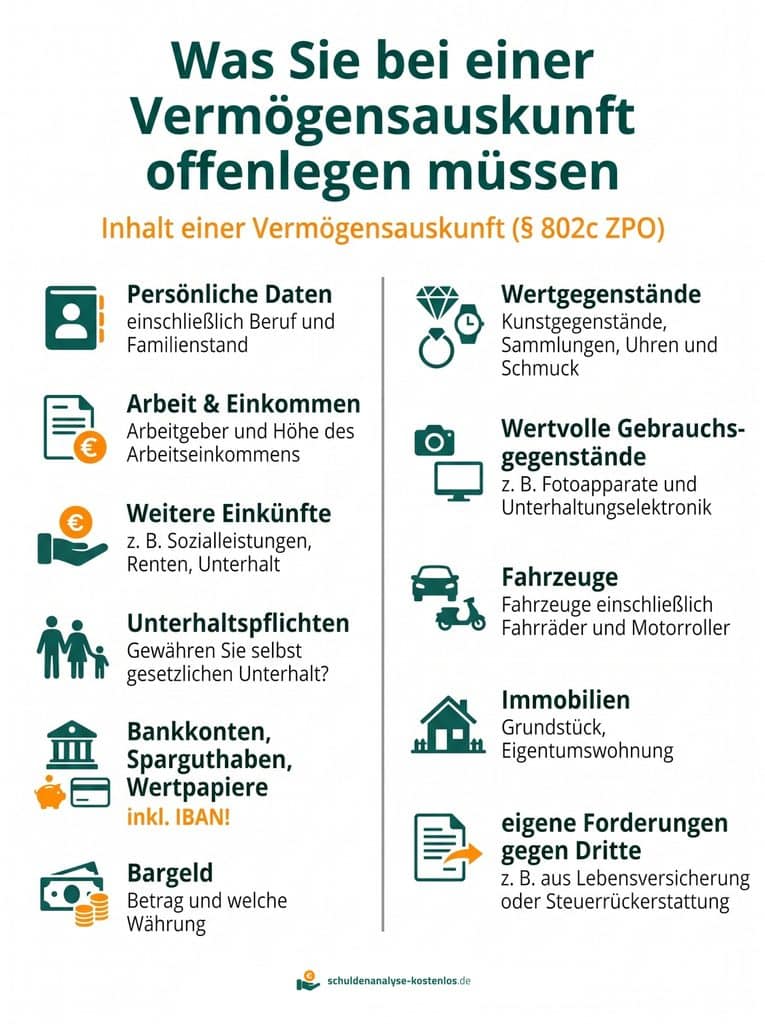 In dieser Infografik listen den Inhalt einer Vermögensauskunft auf - welche Infos Sie unter anderem preisgeben müssen.