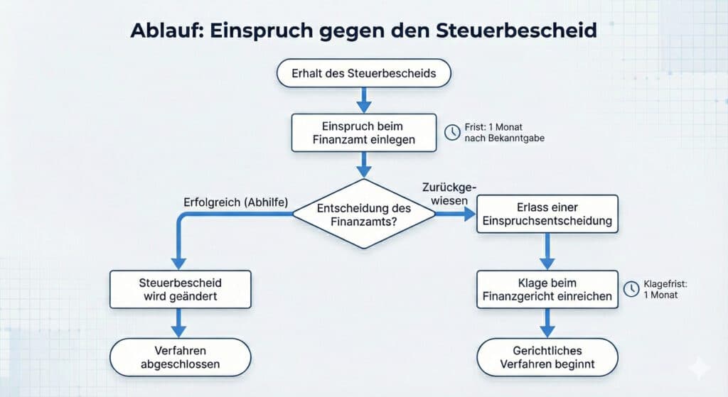Infografik: So läuft der Einspruch gegen einen Steuerbescheid ab.