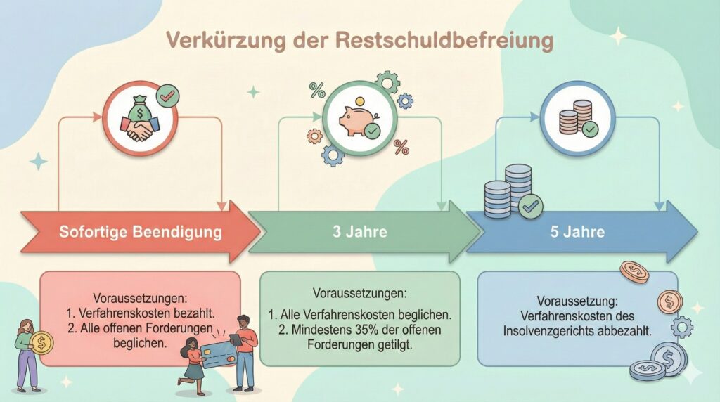 Ab wann eine Verkürzung der Restschuldbefreiung möglich ist, erklärt diese Infografik.