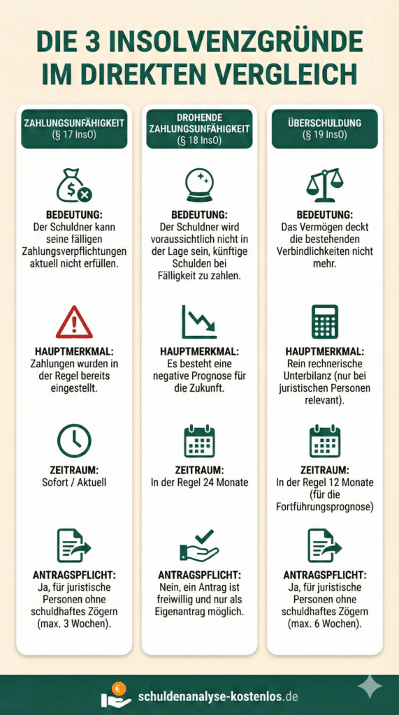 Unsere Infografik zeigt den Unterschied: Überschuldung, Zahlungsunfähigkeit und drohende Zahlungsunfähigkeit im Vergleich.