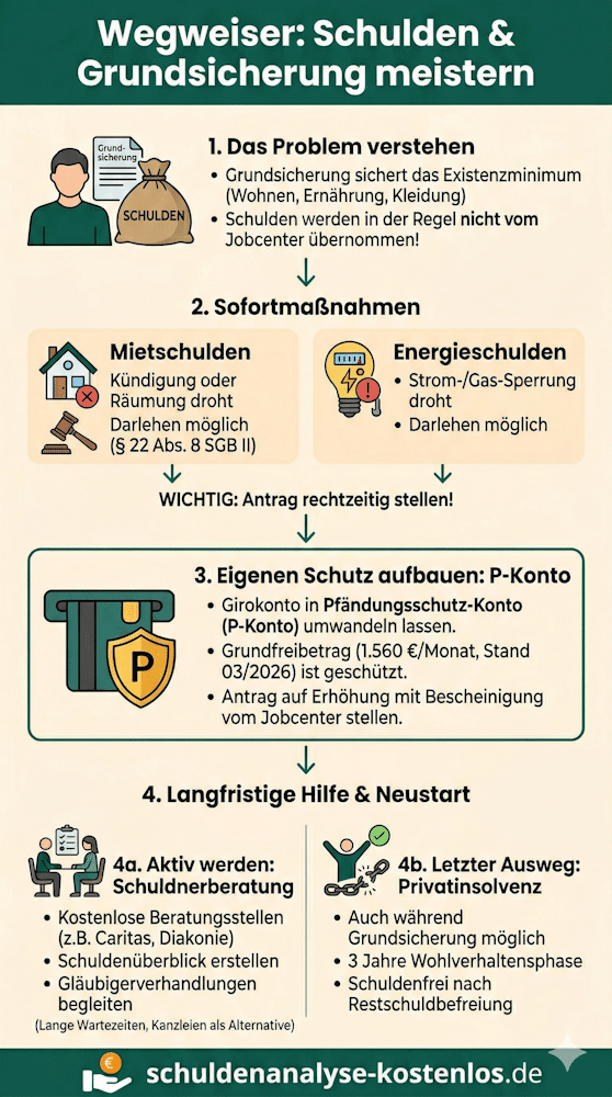 Unsere Infografik zeigt, was Sie unternehmen können, wenn Sie Probleme mit Schulden bei Bezug von Grundsicherung haben.