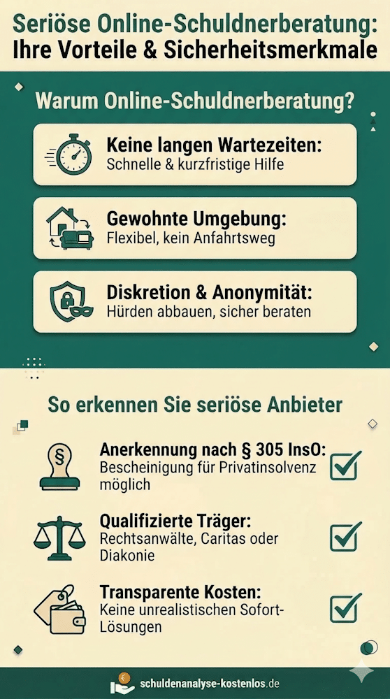 Übersicht zur Schuldnerberatung, die online stattfindet: Unsere Infografik erklärt die wichtigsten Vorteile und worauf Sie achten müssen.