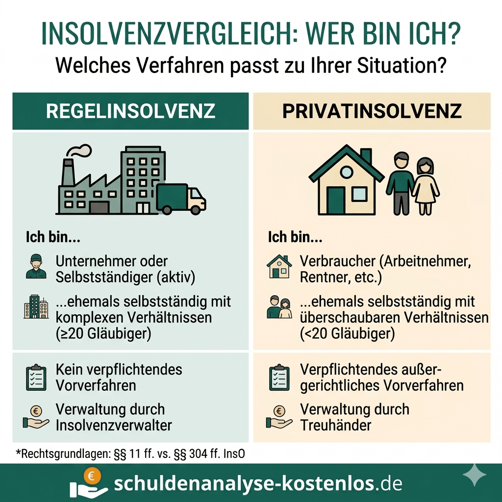 Unsere Infografik zeigt, für wen die Regelinsolvenz bzw. die Privatinsolvenz infrage kommt.